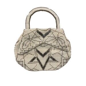 Vintage Czech Glass Seed Bead Evening Bag Cream Silver Art Deco Purse Glam